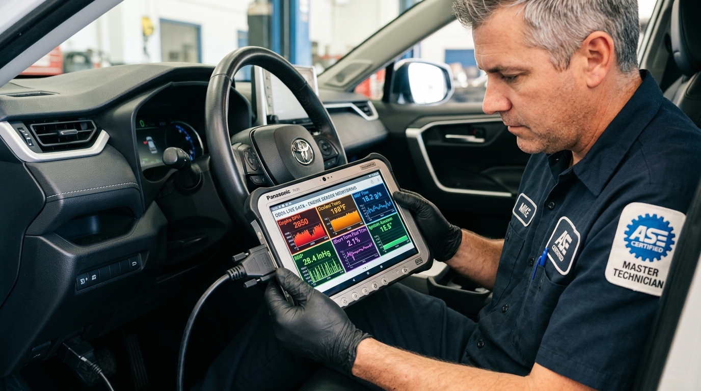 Automotive technician using computerized diagnostic tablet scanner in Tallahassee FL