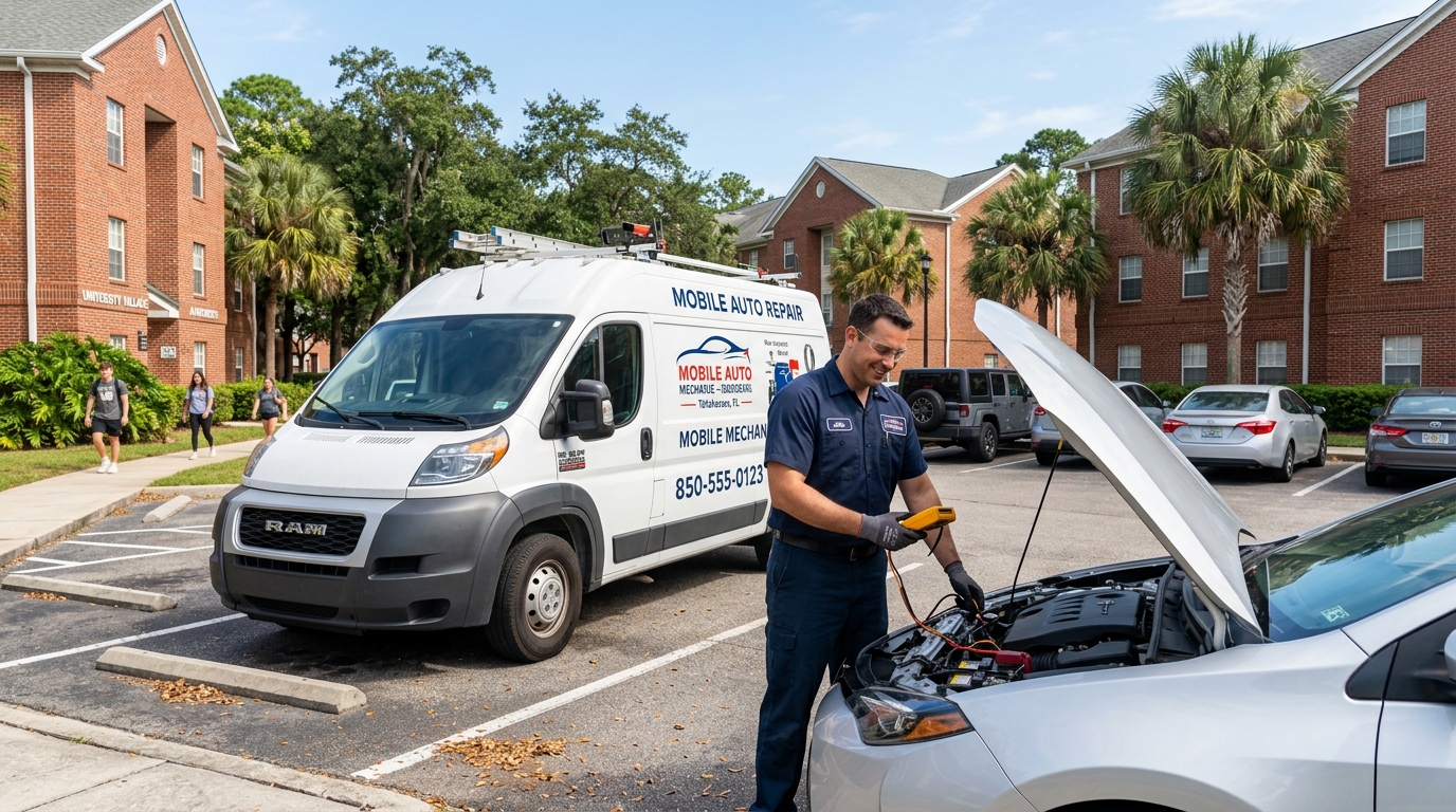 Technician testing car battery on-site in Tallahassee FL